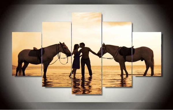 Couple Kissing With Their Horse At Sunset - Nature 5 Panel Canvas Art Wall Decor Couple Kissing With Their Horse At Sunset - Nature 5 Panel Canvas Art Wall Decor