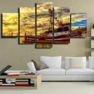 Crab Fishing Boat At Dock - Fishing 5 Panel Canvas Art Wall Decor