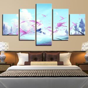 Cranes Animals Tree And Blue Sky White Cloud - Nature 5 Panel Canvas Art Wall Decor