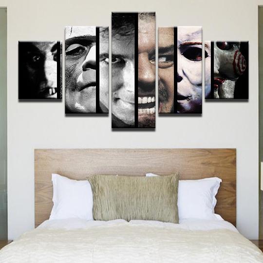 Creepy Movie Faces Jack Shining Jigsaw Saw Etc Halloween - Space 5 Panel Canvas Art Wall Decor Creepy Movie Faces Jack Shining Jigsaw Saw Etc Halloween - Space 5 Panel Canvas Art Wall Decor