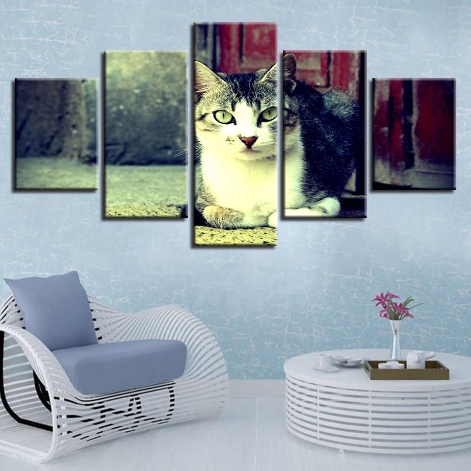 Cute Black And White Cat - Animal 5 Panel Canvas Art Wall Decor Cute Black And White Cat - Animal 5 Panel Canvas Art Wall Decor