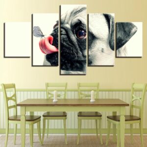 Cute Pet Dog Pugs Butterfly - Animal 5 Panel Canvas Art Wall Decor
