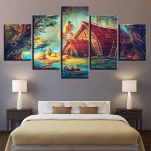 Cute Rabbit Bear And It House - Nature 5 Panel Canvas Art Wall Decor