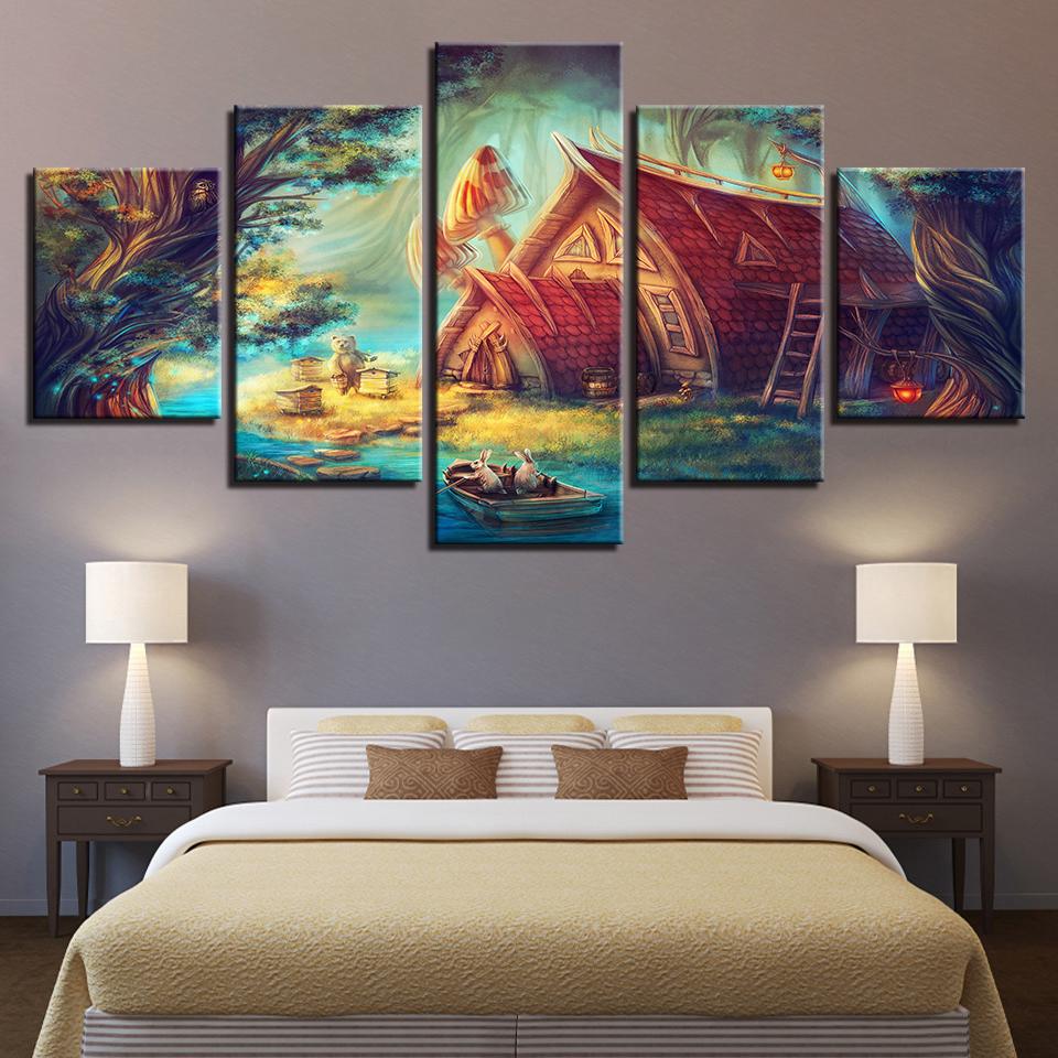 Cute Rabbit Bear And It House - Nature 5 Panel Canvas Art Wall Decor Cute Rabbit Bear And It House - Nature 5 Panel Canvas Art Wall Decor
