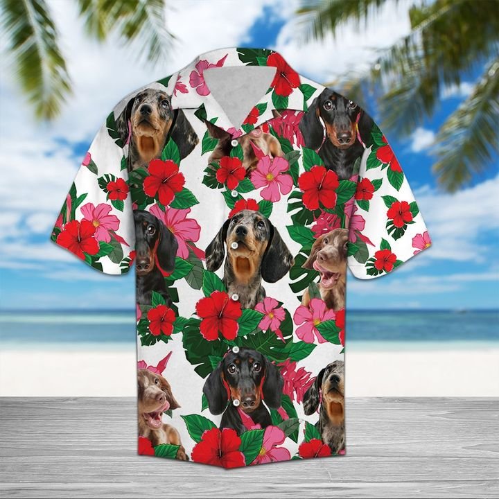 Dachshund Hibiscus Hawaiian Shirt Summer Button Up Dachshund Hibiscus Hawaiian Shirt Summer Button Up