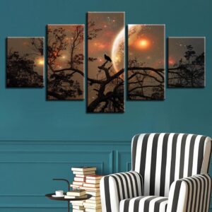 Dark Tree Moon Space - Movie 5 Panel Canvas Art Wall Decor