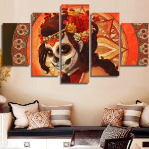 Day Of The Dead Face Skull - Abstract 5 Panel Canvas Art Wall Decor