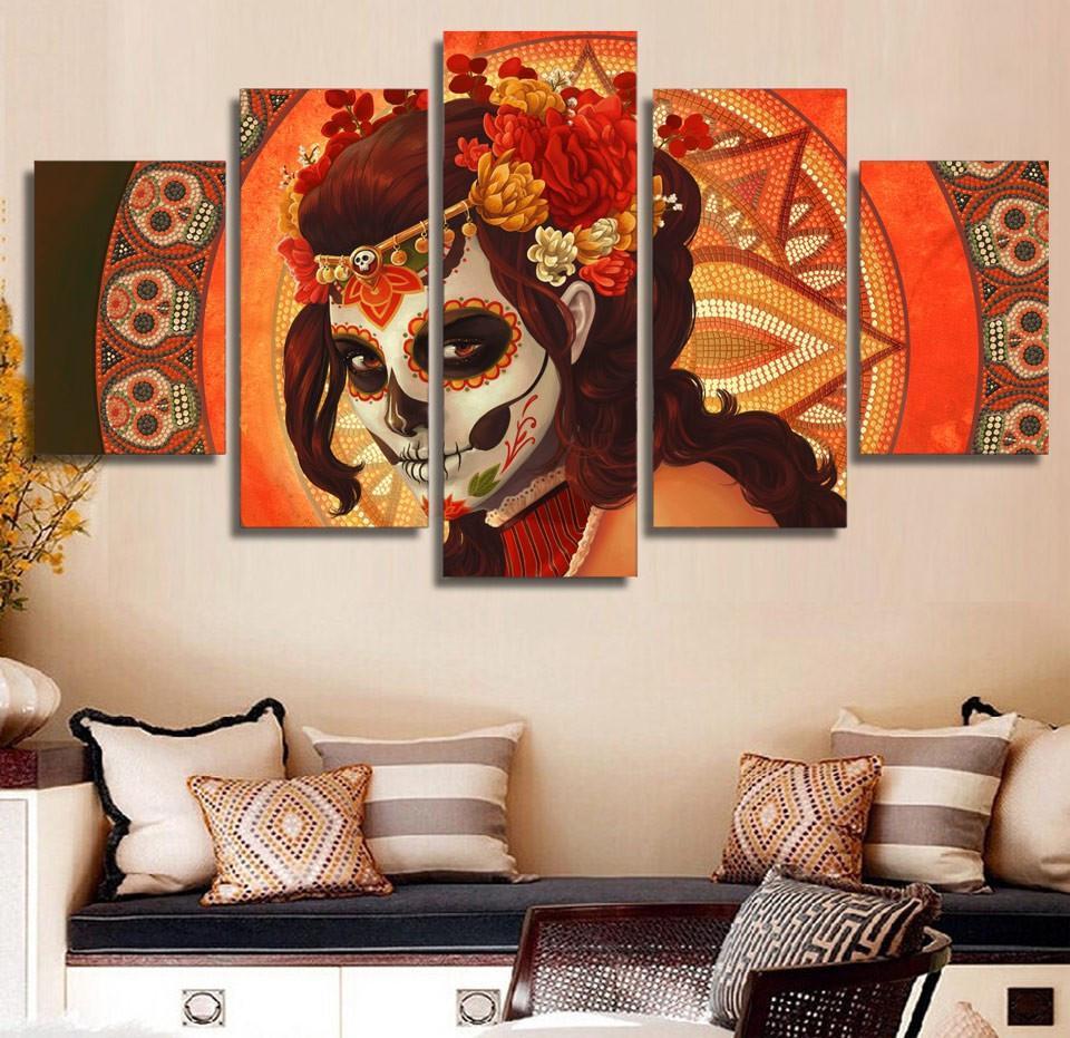 Day Of The Dead Face Skull - Abstract 5 Panel Canvas Art Wall Decor Day Of The Dead Face Skull - Abstract 5 Panel Canvas Art Wall Decor