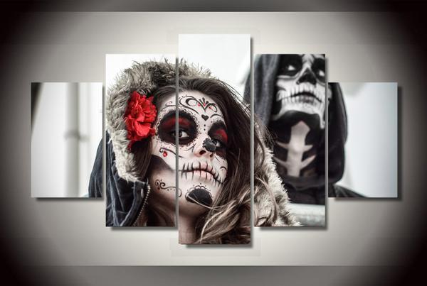 Day Of The Dead Face - Male Female - Abstract 5 Panel Canvas Art Wall Decor Day Of The Dead Face - Male Female - Abstract 5 Panel Canvas Art Wall Decor
