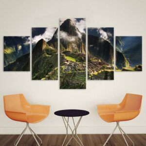 Decor Machu Picchu Peru Mountains Clouds Hills Landscape - Nature 5 Panel Canvas Art Wall Decor