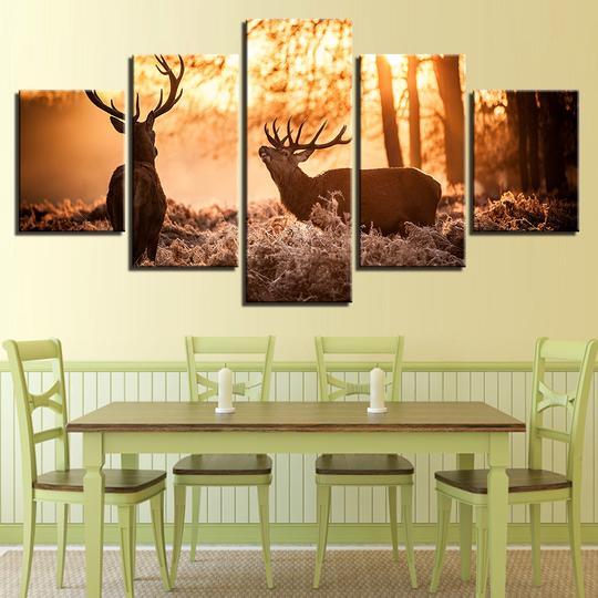 Deer At Dawn - Animal 5 Panel Canvas Art Wall Decor Deer At Dawn - Animal 5 Panel Canvas Art Wall Decor