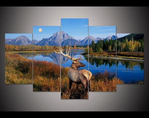 Deer By The Lake 2 - Animal 5 Panel Canvas Art Wall Decor Deer By The Lake 2 - Animal 5 Panel Canvas Art Wall Decor