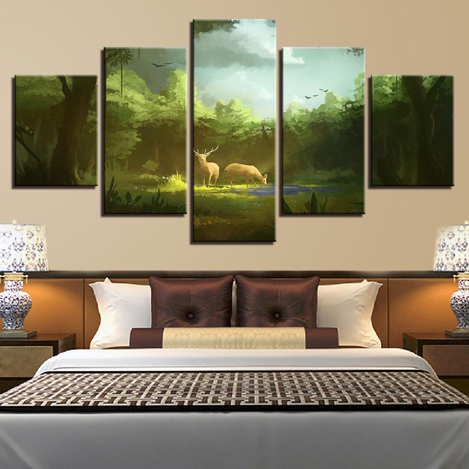 Deer Couple In The Forest Sunshine - Animal 5 Panel Canvas Art Wall Decor Deer Couple In The Forest Sunshine - Animal 5 Panel Canvas Art Wall Decor