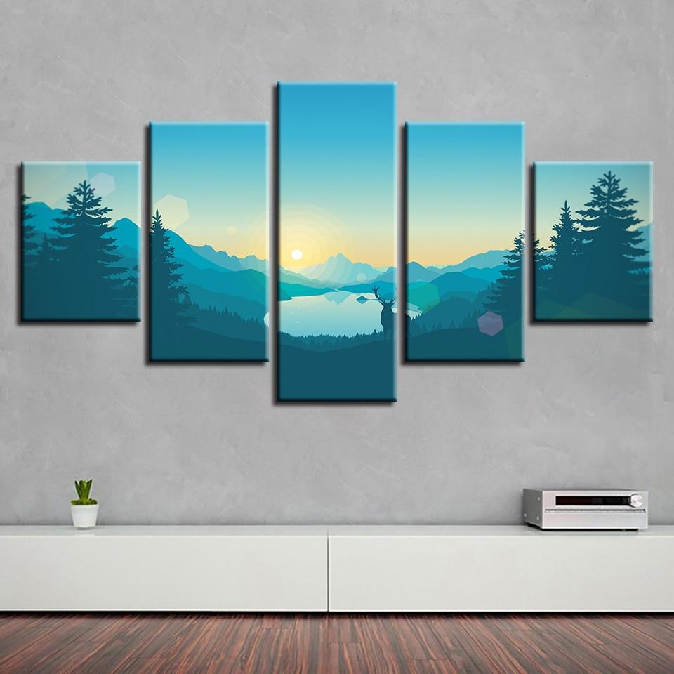 Deer Forest Mountain Sun - Nature 5 Panel Canvas Art Wall Decor Deer Forest Mountain Sun - Nature 5 Panel Canvas Art Wall Decor