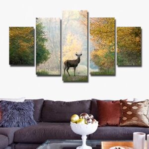 Deer Forest Tree - Animal 5 Panel Canvas Art Wall Decor