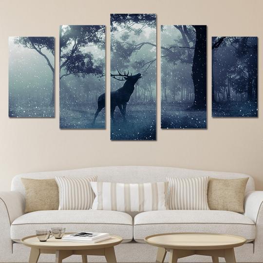 Deer In Snowy Forest - Nature 5 Panel Canvas Art Wall Decor Deer In Snowy Forest - Nature 5 Panel Canvas Art Wall Decor