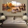 Deer On Autumn Lake Painting - Nature 5 Panel Canvas Art Wall Decor