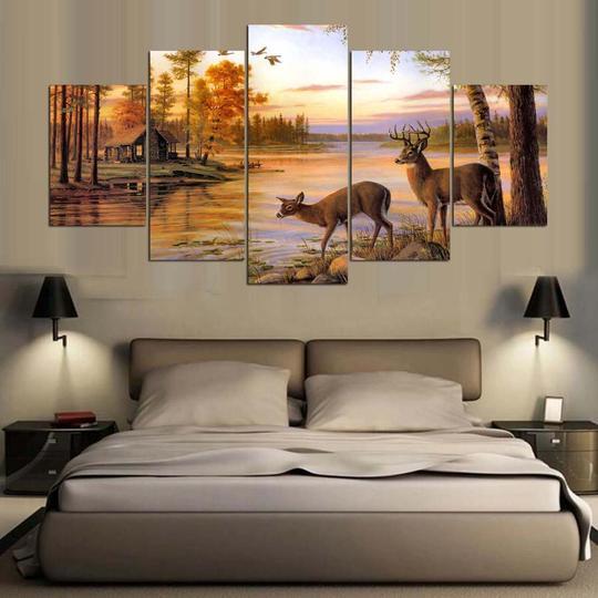 Deer On Autumn Lake Painting - Nature 5 Panel Canvas Art Wall Decor Deer On Autumn Lake Painting - Nature 5 Panel Canvas Art Wall Decor