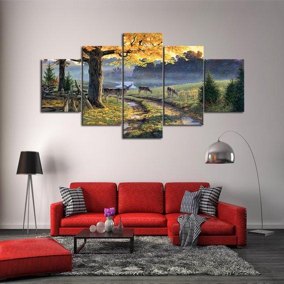 Deer Pond 01 - Animal 5 Panel Canvas Art Wall Decor Deer Pond 01 - Animal 5 Panel Canvas Art Wall Decor