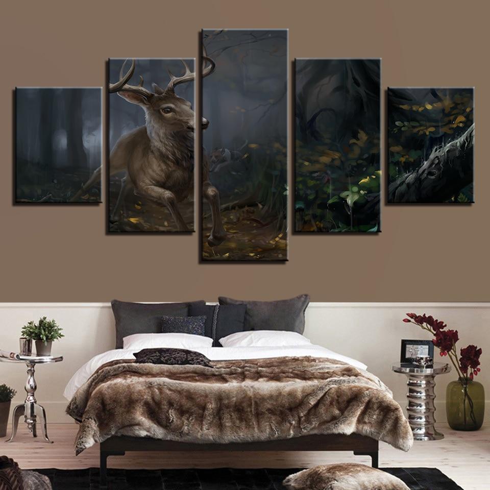 Deer Running In The Forest - Animal 5 Panel Canvas Art Wall Decor Deer Running In The Forest - Animal 5 Panel Canvas Art Wall Decor