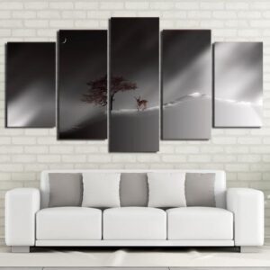 Deer With Cherry Blossoms Painting - Aniaml 5 Panel Canvas Art Wall Decor