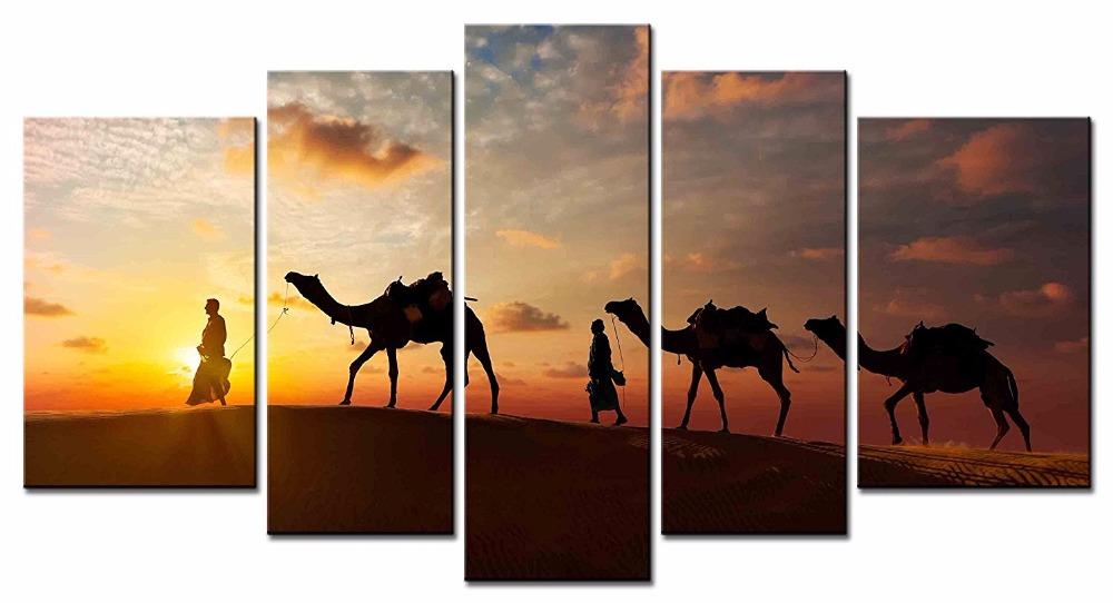 Desert Camel Landscape - Nature 5 Panel Canvas Art Wall Decor Desert Camel Landscape - Nature 5 Panel Canvas Art Wall Decor