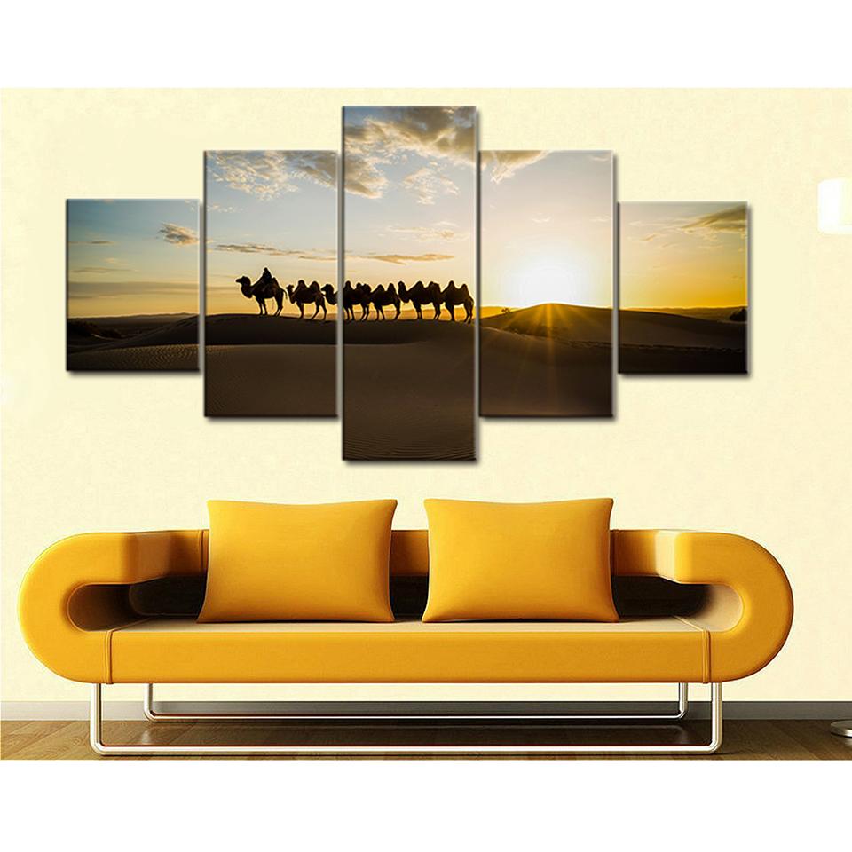 Desert Camel Sunrise Landscape - Nature 5 Panel Canvas Art Wall Decor Desert Camel Sunrise Landscape - Nature 5 Panel Canvas Art Wall Decor