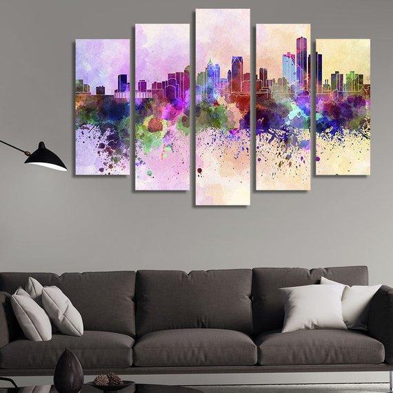 Detroit Skyline - Abstract 5 Panel Canvas Art Wall Decor Detroit Skyline - Abstract 5 Panel Canvas Art Wall Decor
