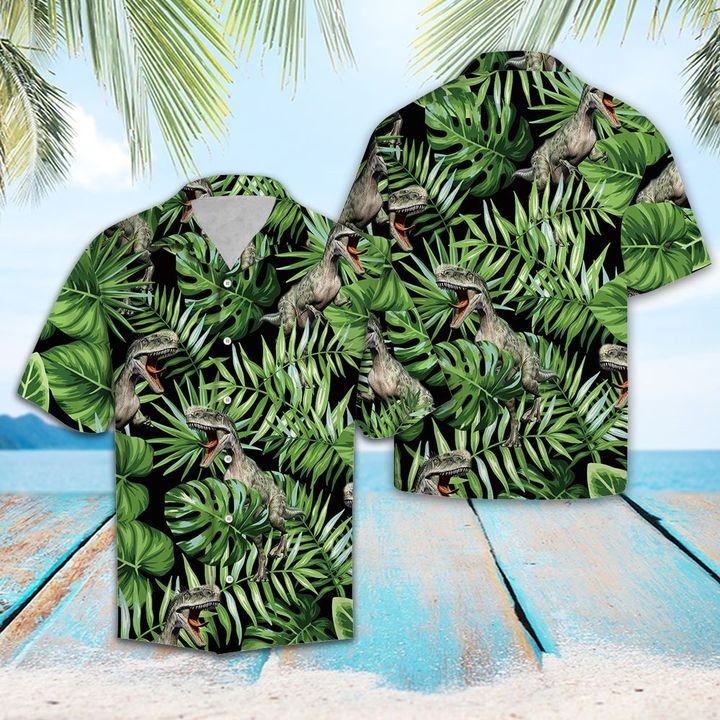 Dinosaur Green Tropical Hawaiian Shirt Summer Button Up Dinosaur Green Tropical Hawaiian Shirt Summer Button Up