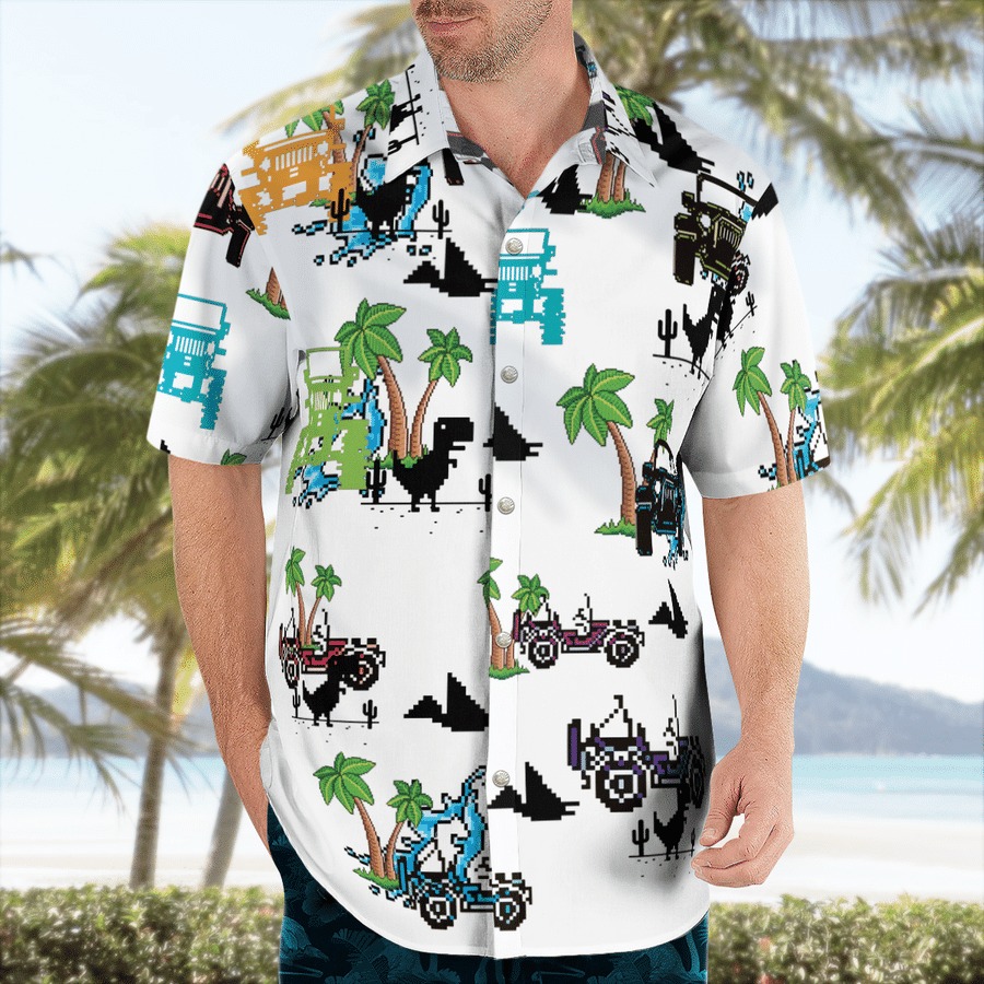 Dinosaurs And Jeep In The Beach Hawaiian Shirt Dinosaurs And Jeep In The Beach Hawaiian Shirt