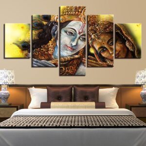 Divine Couple Lord Krishna Radha - Religion 5 Panel Canvas Art Wall Decor