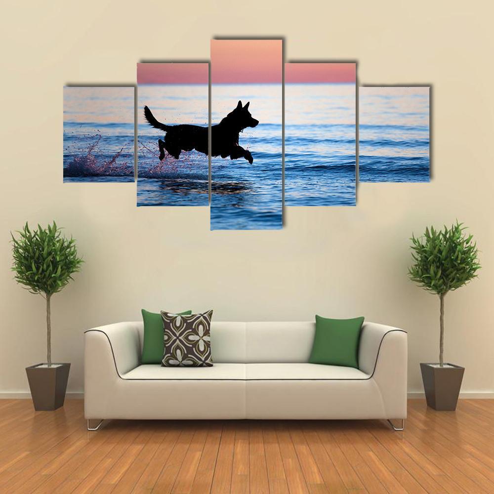 Dog Running On Water Against Horizon - Animal 5 Panel Canvas Art Wall Decor Dog Running On Water Against Horizon - Animal 5 Panel Canvas Art Wall Decor