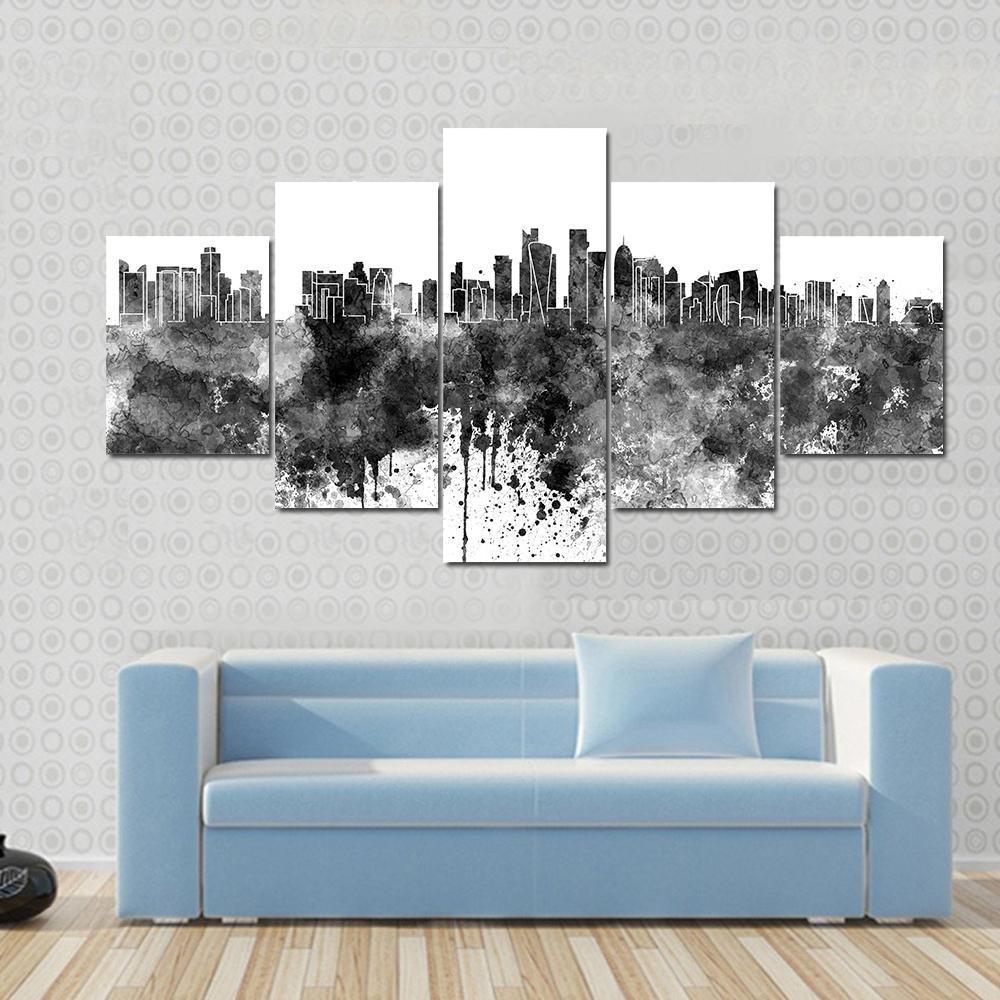 Doha Skyline In Black Watercolor - Abstract Nature 5 Panel Canvas Art Wall Decor Doha Skyline In Black Watercolor - Abstract Nature 5 Panel Canvas Art Wall Decor