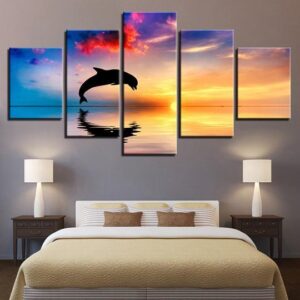 Dolphin Jumps At Sunset Gulf Of Mexico - Animal 5 Panel Canvas Art Wall Decor