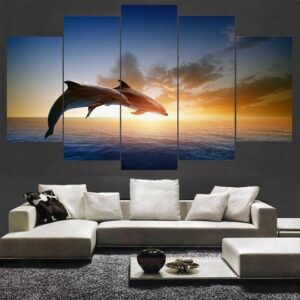 Dolphins Jumping At Sunset - Animal 5 Panel Canvas Art Wall Decor