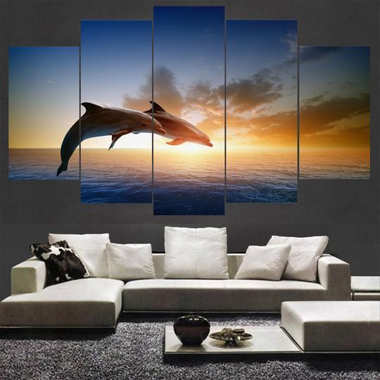 Dolphins Jumping At Sunset - Animal 5 Panel Canvas Art Wall Decor Dolphins Jumping At Sunset - Animal 5 Panel Canvas Art Wall Decor
