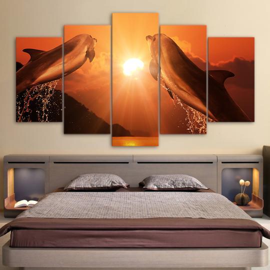 Dolphins Jumping Into The Sunset - Animal 5 Panel Canvas Art Wall Decor Dolphins Jumping Into The Sunset - Animal 5 Panel Canvas Art Wall Decor