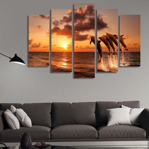 Dolphins Jumping Over The Sea Waves 01 - Animal 5 Panel Canvas Art Wall Decor Dolphins Jumping Over The Sea Waves 01 - Animal 5 Panel Canvas Art Wall Decor