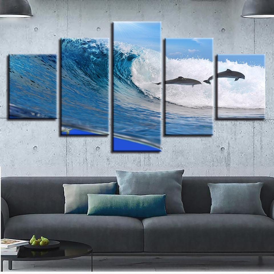 Dolphins Leaping And Beautiful Sea Waves - Space 5 Panel Canvas Art Wall Decor Dolphins Leaping And Beautiful Sea Waves - Space 5 Panel Canvas Art Wall Decor