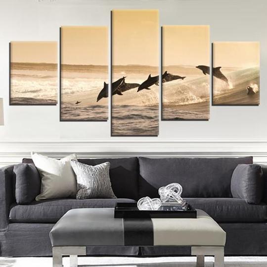 Dolphins Playing In The Waves - Aniaml 5 Panel Canvas Art Wall Decor Dolphins Playing In The Waves - Aniaml 5 Panel Canvas Art Wall Decor
