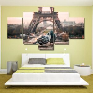 Doves In Love Eiffel Tower Paris France - Animal 5 Panel Canvas Art Wall Decor
