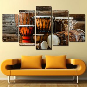 Drum Music Instrument Vintage - Music 5 Panel Canvas Art Wall Decor