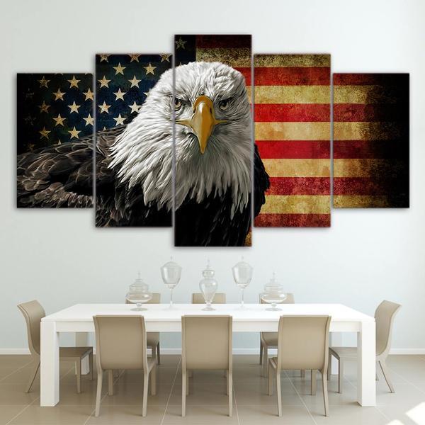 Eagle With Us Flag - Animal 5 Panel Canvas Art Wall Decor Eagle With Us Flag - Animal 5 Panel Canvas Art Wall Decor