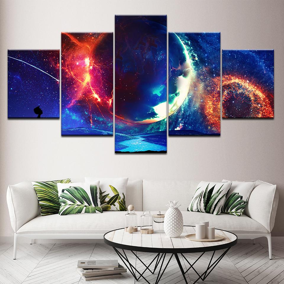 Earth Planet And Meteor - Space 5 Panel Canvas Art Wall Decor Earth Planet And Meteor - Space 5 Panel Canvas Art Wall Decor