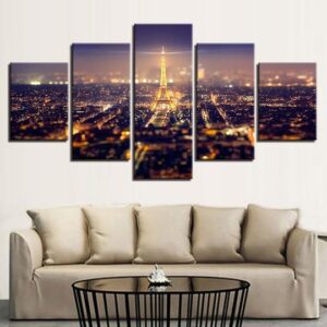 Eiffel Tower At Night Paris France - Nature 5 Panel Canvas Art Wall Decor