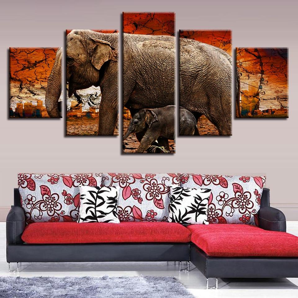 Elephant Family And Tree - Animal 5 Panel Canvas Art Wall Decor Elephant Family And Tree - Animal 5 Panel Canvas Art Wall Decor
