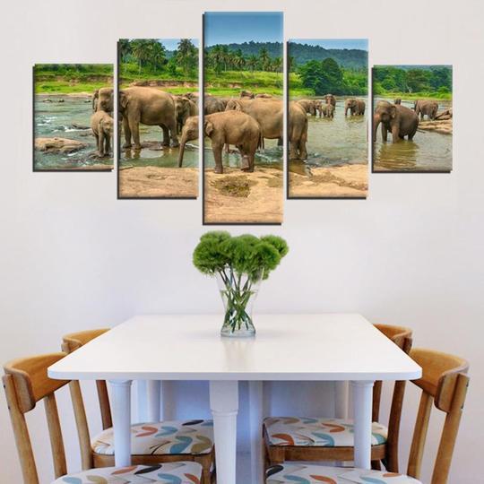 Elephant Family At The Watering Hole - Animal 5 Panel Canvas Art Wall Decor Elephant Family At The Watering Hole - Animal 5 Panel Canvas Art Wall Decor