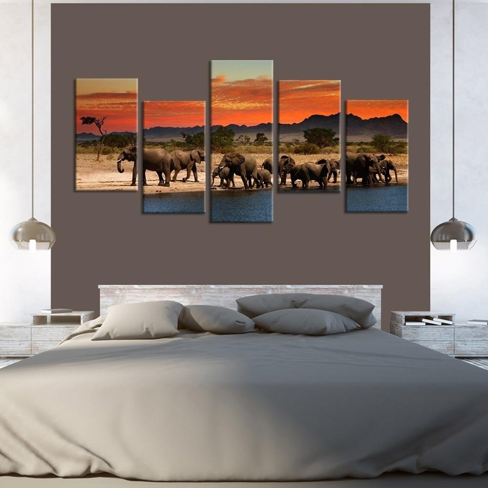 Elephant Family Sunset 01 - Animal 5 Panel Canvas Art Wall Decor Elephant Family Sunset 01 - Animal 5 Panel Canvas Art Wall Decor