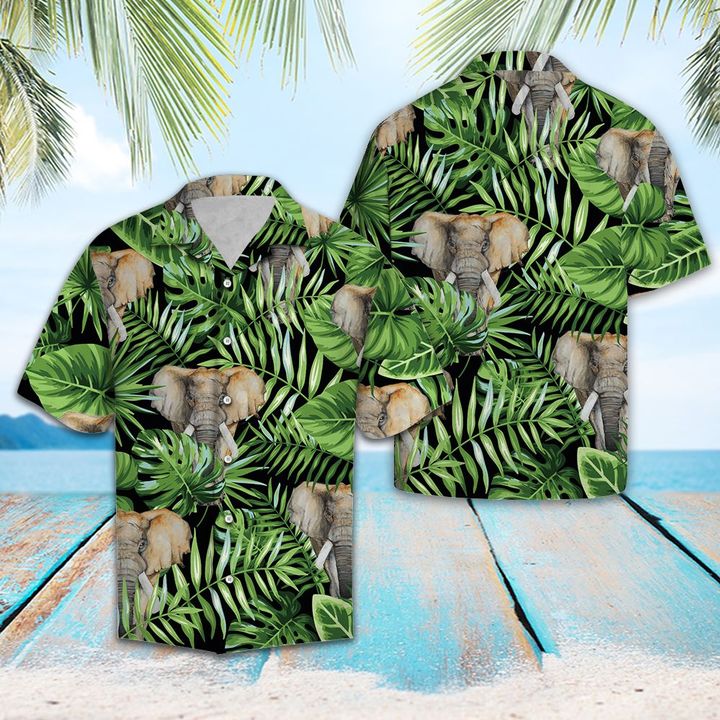 Elephant Green Tropical Leaves Hawaiian Shirt Summer Button Up Elephant Green Tropical Leaves Hawaiian Shirt Summer Button Up