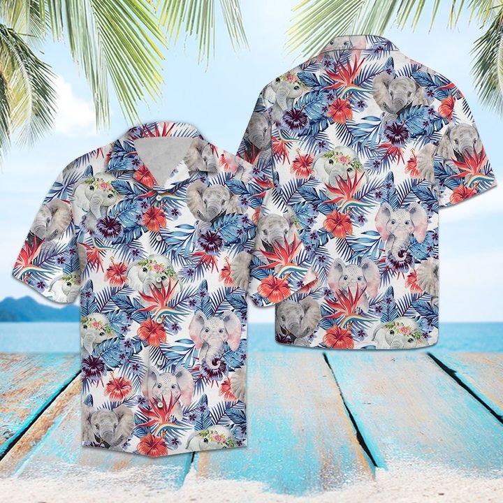 Elephant Hibiscus Flower Hawaiian Shirt Summer Button Up Elephant Hibiscus Flower Hawaiian Shirt Summer Button Up